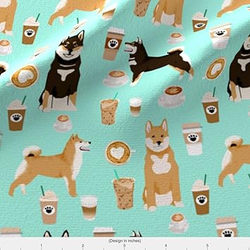 Spoonflower Shiba Inu Fabric Shiba Inu Coffee Print Dog And Coffees Fabric Aqua By Petfriendly Printed On Basic Cotton Ultra Fabric By The Yard