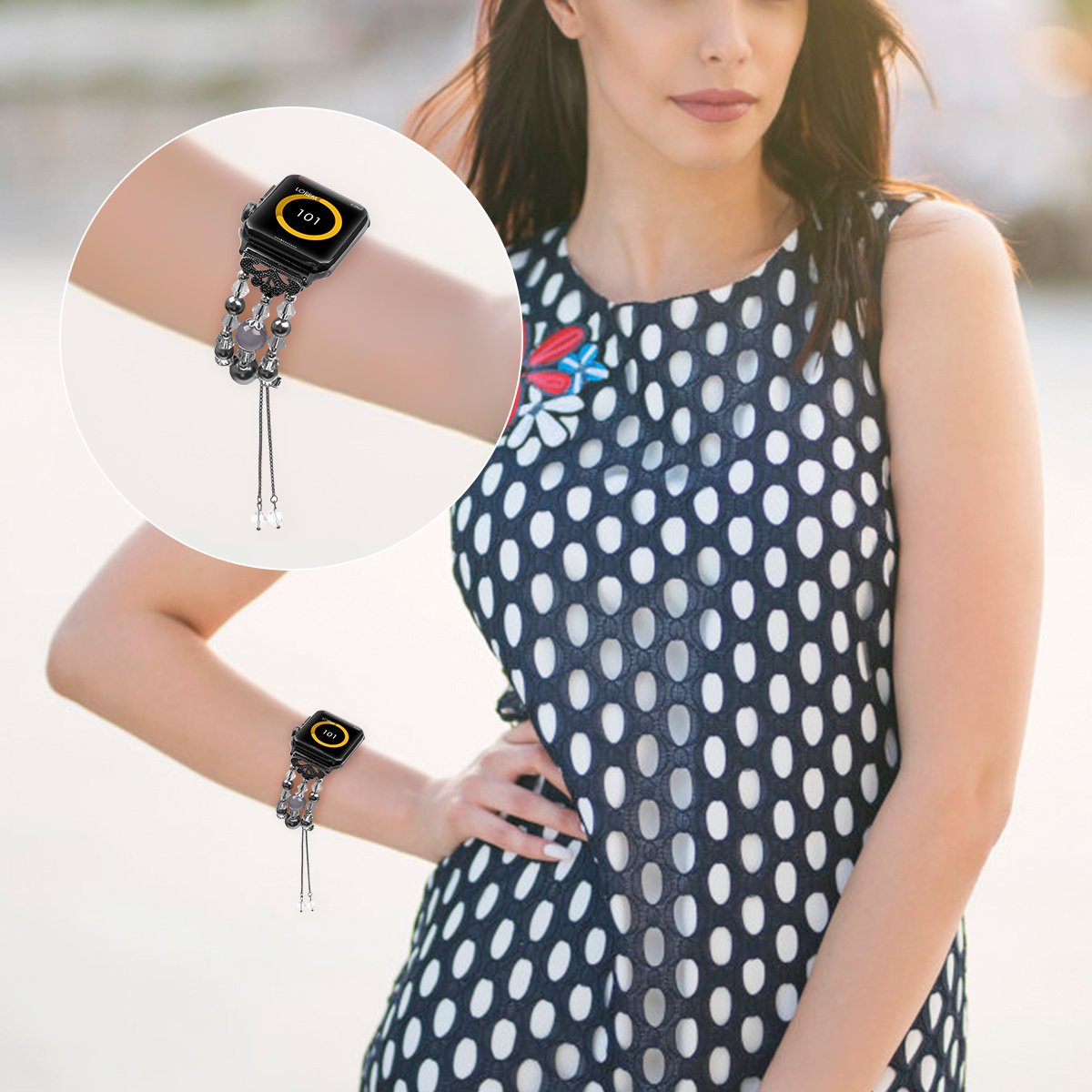 Junwei for Iwatch Bracelet Bands Adjustable, Women Stylish Apple Watchband with Stretch Bling Beads of Crystal Rhinestones Pearls for Apple Watch Series 4 3 2 1 Sport etc. - ( Black, 38mm / 40mm )