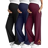 Oakgarden 3 Pack Women's Fleece Maternity Pants, Cotton Over The Belly Pregnancy Thermal Wide Leg Lounge Pants with Pockets(Fuchsia, Navy Blue, Black,Large)