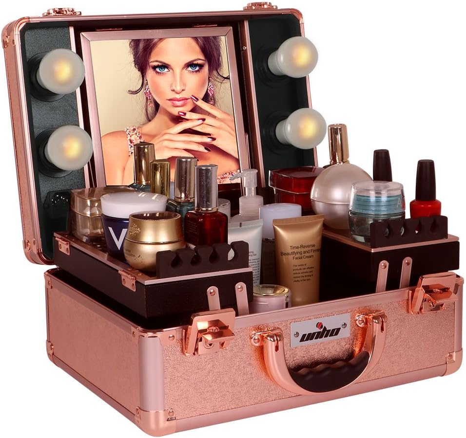 Unho Vanity Cosmetic Case With Lights Mirror Led Light Makeup Suitcase Travel Cosmetic Storage Beauty Case With Mirror Tray Organiser Rose Gold Amazon Co Uk Luggage unho vanity cosmetic case with lights