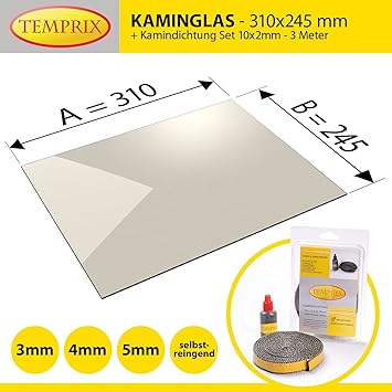 Kaminglas und Ofenglas 310 x 245 x 4 mm | Temperaturbeständig bis 800° C | » Wunschmaße auf Anfrage « | inkl. 10 x 2 mm Kamin