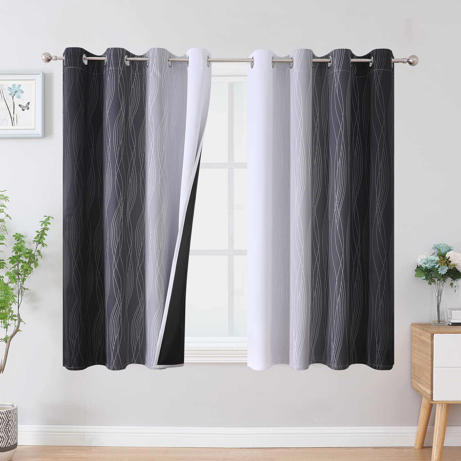 VEHEDE Blackout Curtains & Drapes for Bedroom, Ombre Energy Saving Thermal Curtains, Wave Gradient Noise Reducing Eyelet Curtain for Small Window, W52 x L54 Inch, Black and Greyish White, 2 Panels