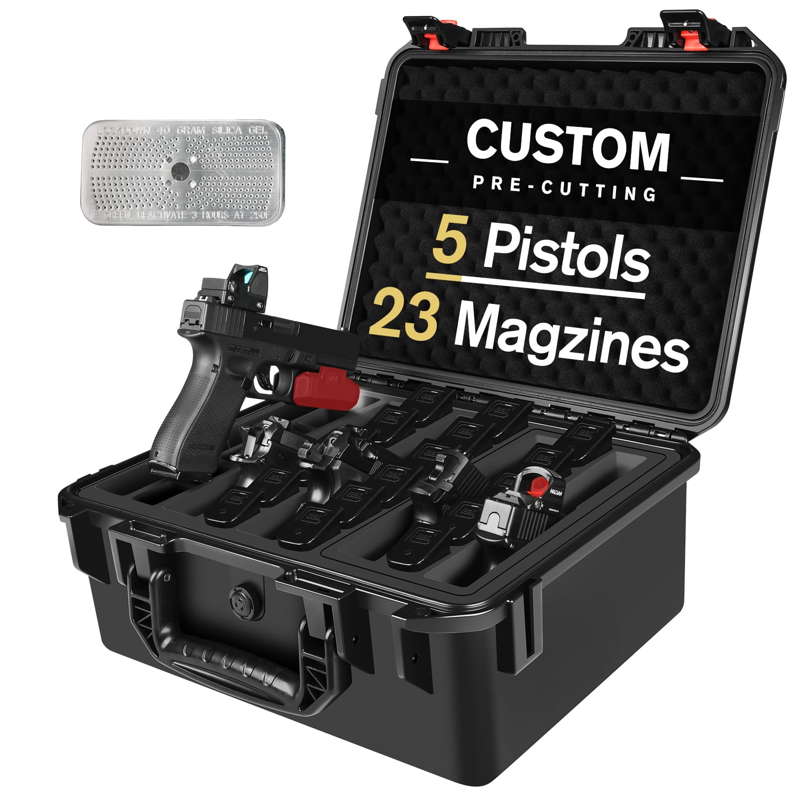 Photo 1 of Travel Case for 5 Handguns & Pistols - Organize 5 Pistols & 23 Magazines, Pre-cut DIY Heavy-Duty Gun Storage Box with Desiccant, Waterproof Pistol Storage Cases TSA Approved Firearm Hard Guns Case