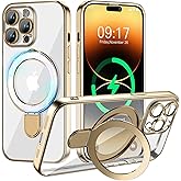 Pmteyoim Magnetic for iPhone 14 Pro Case with Invisible Stand[Compatible with MagSafe][Full Camera Lens Protector][Military Drop Protection]Shockproof Not Yellowing Clear Slim Soft for Women Men Gold