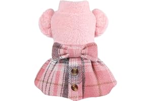 DOSUYI Winter Dog Dress Dog Clothes for Small Dogs Girl Plaid Dog Sweaters with Bowtie Ruffle Trim Princess Dresses Pink Turtleneck Pullover Warm Puppy Sweater for Chihuahua Pet Cat Christmas Outfit