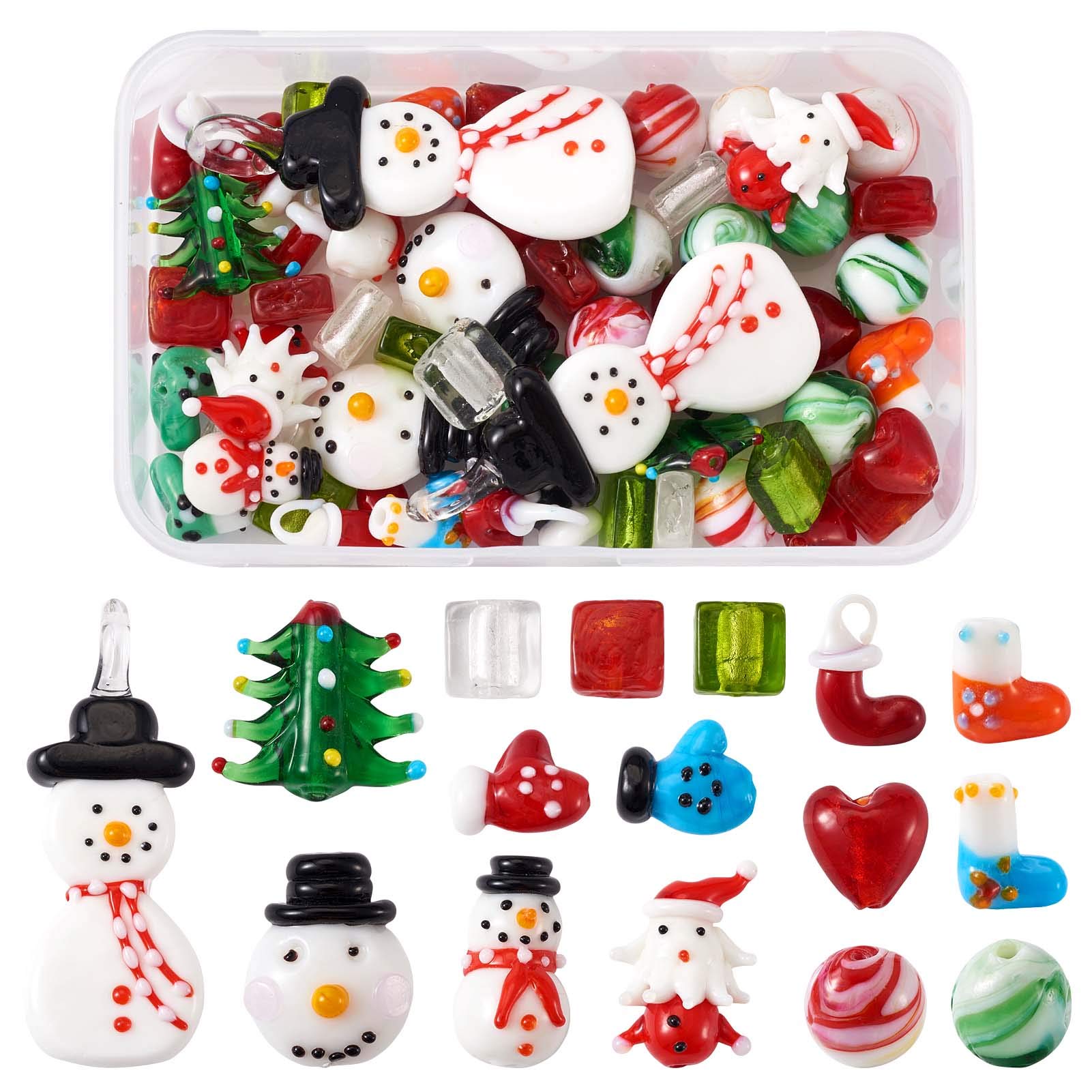 Craftdady 55pcs Mixed Xmas Lampwork Glass Bead s11 Styles Round Square Snowman Heart Tree Santa Claus Loose Beads for Bracelet Necklace Earring Jewelry Making