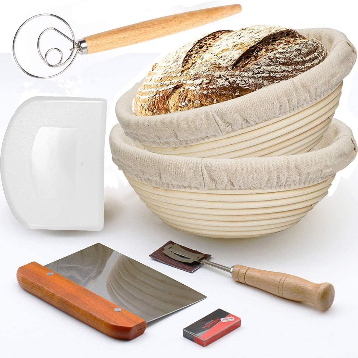 Bread Banneton Proofing Basket, 2 Pack 10" Bread Proving Baskets for Dough Rising(Round + Whisk)