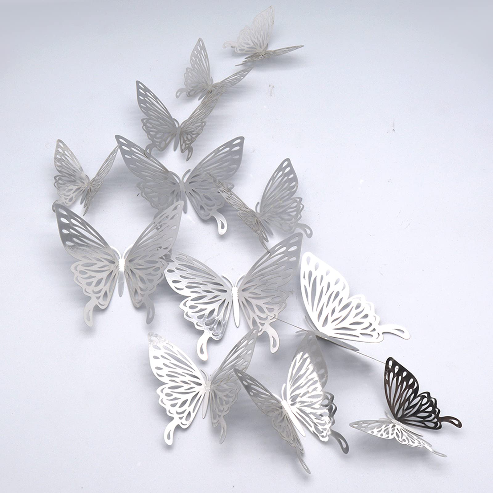 CAYUDEN 24pcs Removable Silver Butterfly Wall Decor Stickers - DIY Wall Stickers for Living Room, Door, Window, Wedding, Party, Nursery Room
