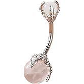 Rose Quartz Belly Button Ring, Dragon Claw Holding Gemstone Stainless Steel Belly Button Rings, Silver Short Navel Ring for Women Body Piercing Jewelry