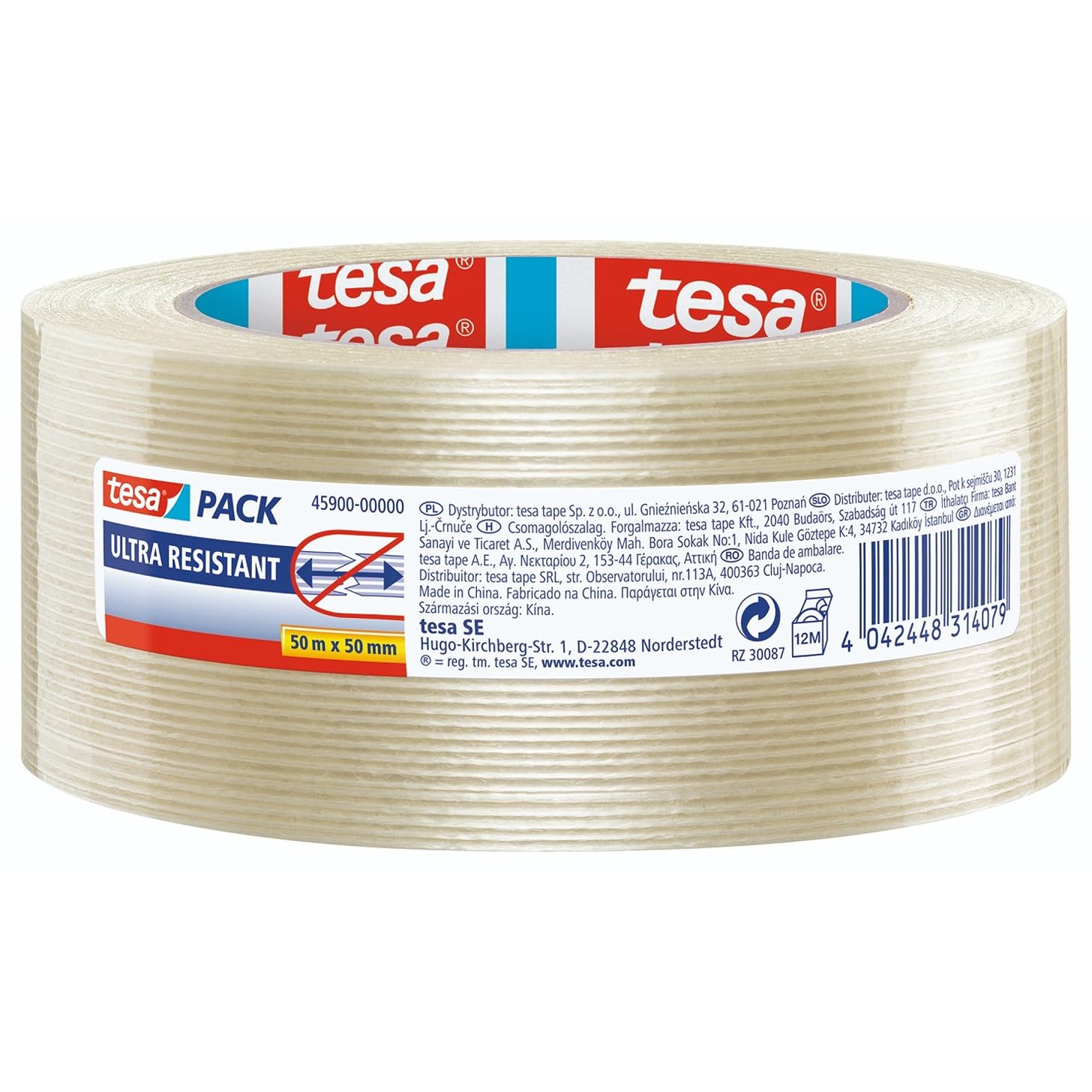 tesa PACK Mono-Filament Adhesive Packaging Tape - Highly Resistant Adhesive For Packaging Shipping Boxes and Heavy Cartons up to 30 kg - 50 m x 50 mm - Transparent