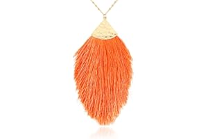 RIAH FASHION Antique Bohemian Silky Thread Fan Tassel Statement Necklace - Vintage Gold Feather Shape Strand Fringe Lightweight Long Chain