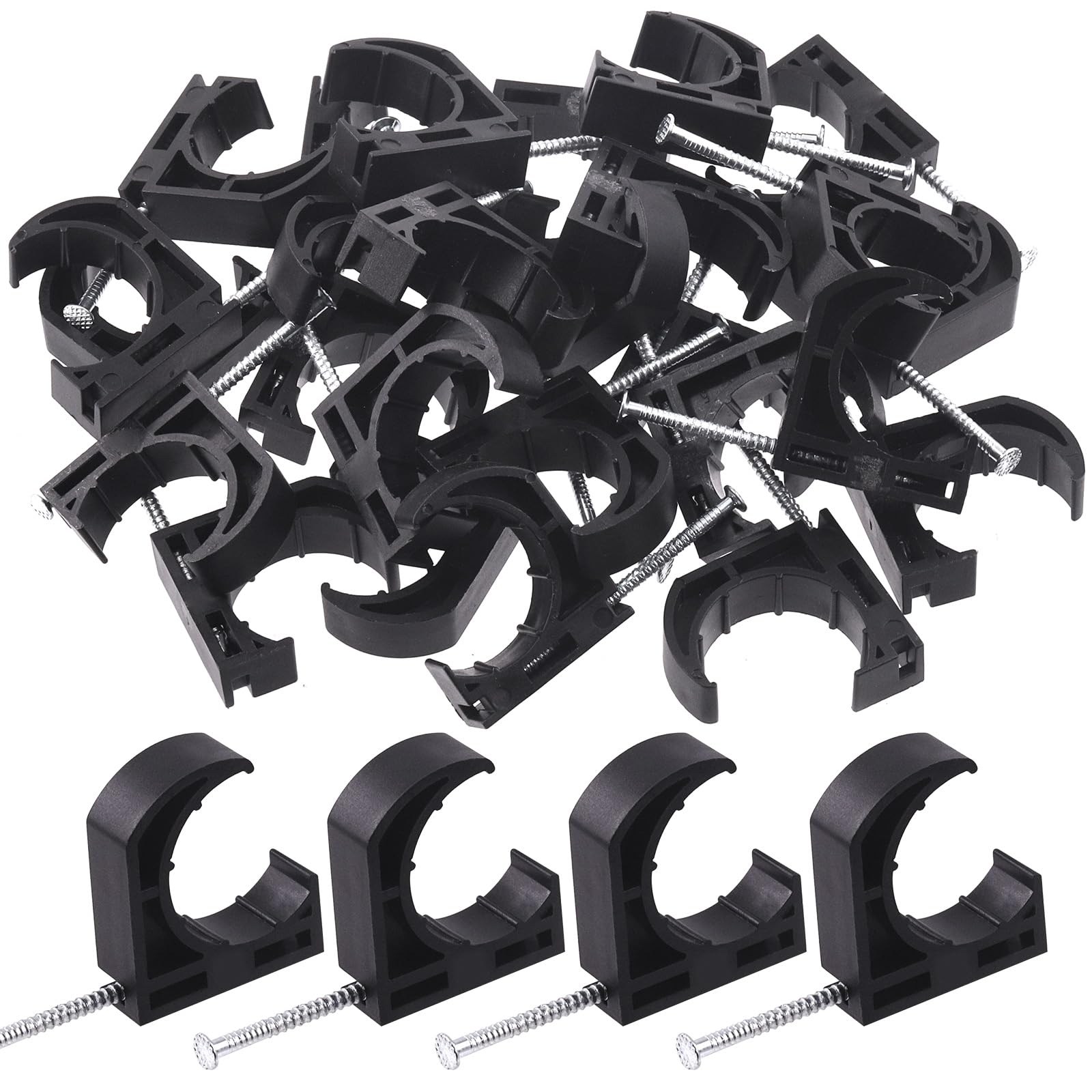 Swpeet 50Pcs Black Color Half Clamp J-Hook with Nail Assortment Kit, Plastic Small J Clamps Half Clamp Fixture, Cable Tacks Pex Hangers Ideal for 1" PEX Tubing Pipe Support