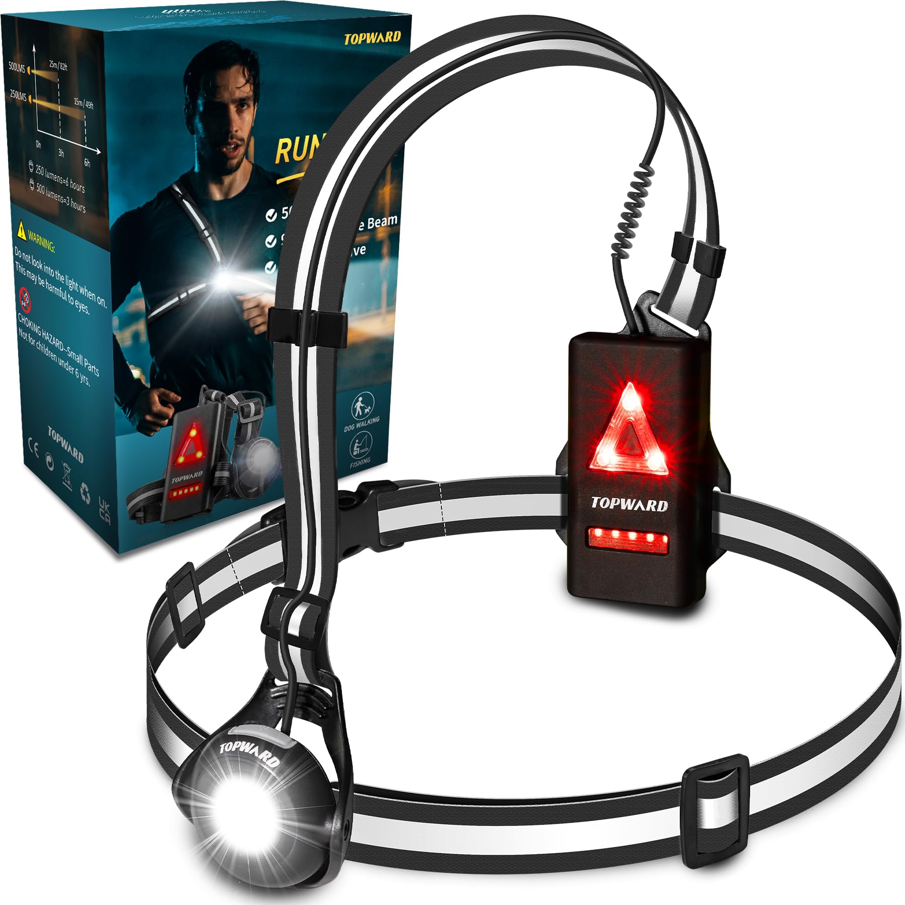 Topward Running Lights for Runners Chest Torch, 500 Lumen Adjustable Beam with Hi Vis Reflective Band, USB-C Rechargeable - Body Torches for Dog Walking Jogging Hiking - Run Light Gifts for Women Men