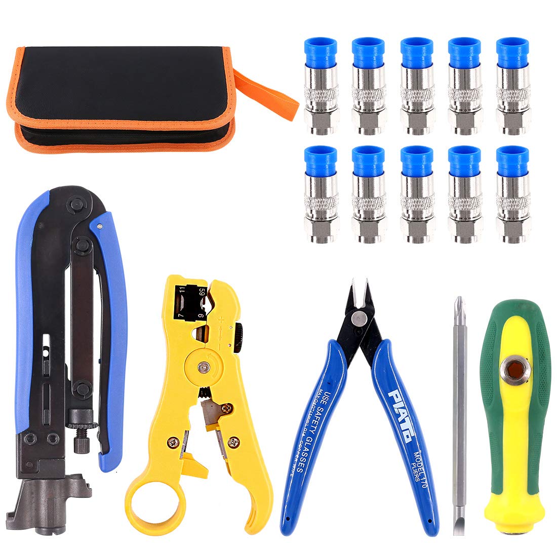 Glarks Adjustable Coaxial Compression Tool - Coax Crimper & Stripper Kit, RG6 RG59 RG11 Cables, 10pcs F Connectors, Leather Bag