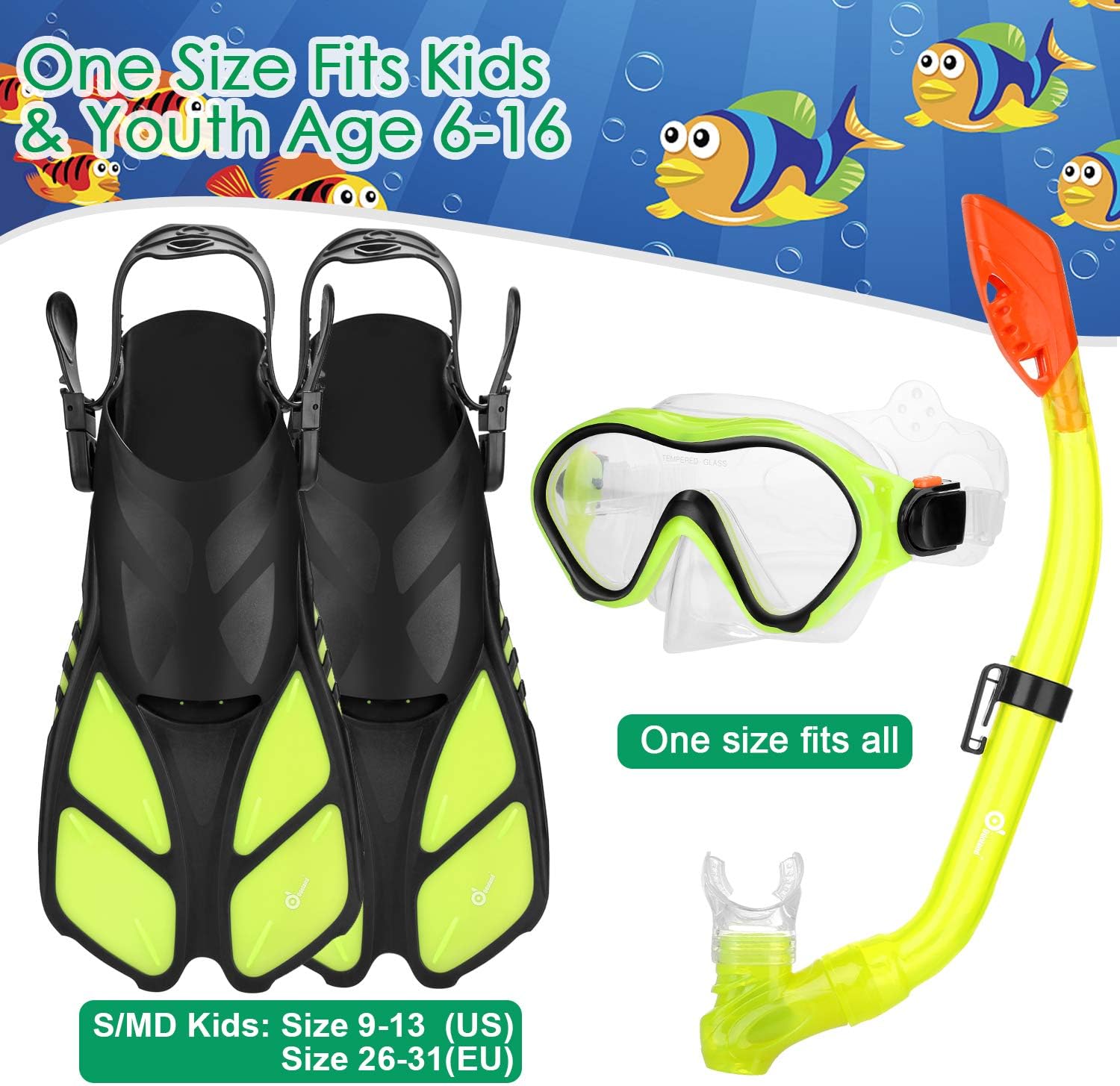 Odoland 6-in-1 Kids Snorkeling Packages Snorkel Set, Anti-Fog and Anti-Leak Full Face Snorkel Mask with Adjustable Swim Fins, Beach Blanket and Waterproof Case for Boys and Girls Age 9-15 Yellow : Sports & Outdoors