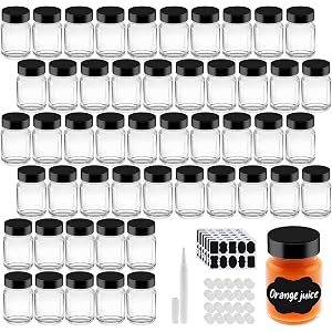 zsccxq 1 oz Juice Glass Shot Bottles with Black Lids & Labels and Pen, Wide Mouth Small Glass Bottles for Ginger, Leakproof T