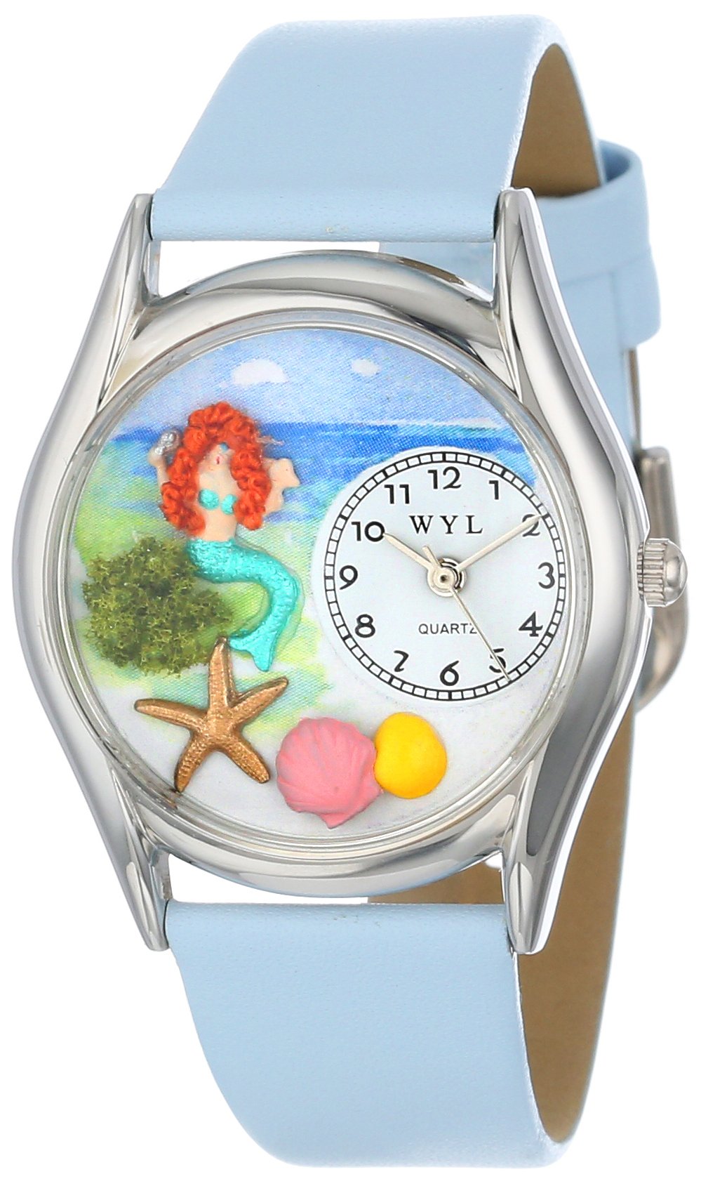 Whimsical Watches Mermaid Baby Blue Leather and Silvertone Unisex Quartz Watch with White Dial Analogue Display and Multicolour Leather Strap S-1210011