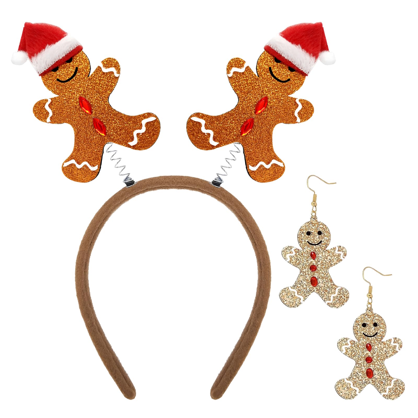 Photo 1 of 2 Pack Christmas Costume Accessories Include Gingerbread Headbands with Glitter Surface and 3D Santa Hat and Gingerbread Earrings for Xmas Festival Party Holiday Themed Events