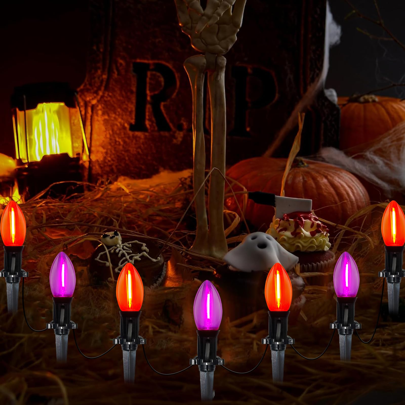 Photo 1 of 19.5Ft Halloween Pathway Lights Outdoor, C9 Marker Stake Lights with 10 Orange Purple LED Bulbs and 10 Stakes, Connectable Pathway String Lights for Lawn Walkway Garden Halloween Decor