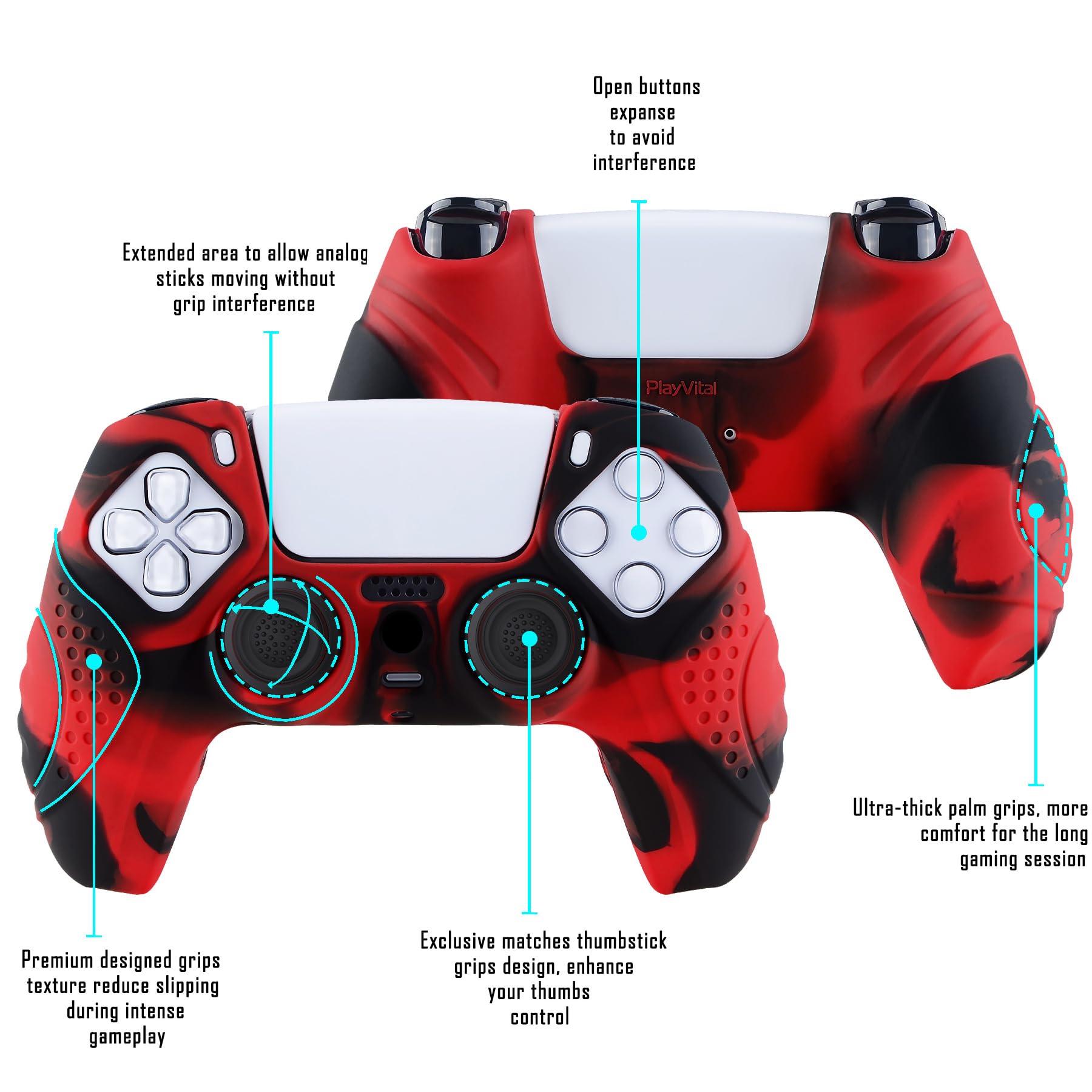 eXtremeRate PlayVital Guardian Edition Ergonomic Soft Anti-Slip Controller Silicone Case Cover for ps5, Rubber Protector Skins with Black Joystick Caps for ps5 Controller - Red & Black