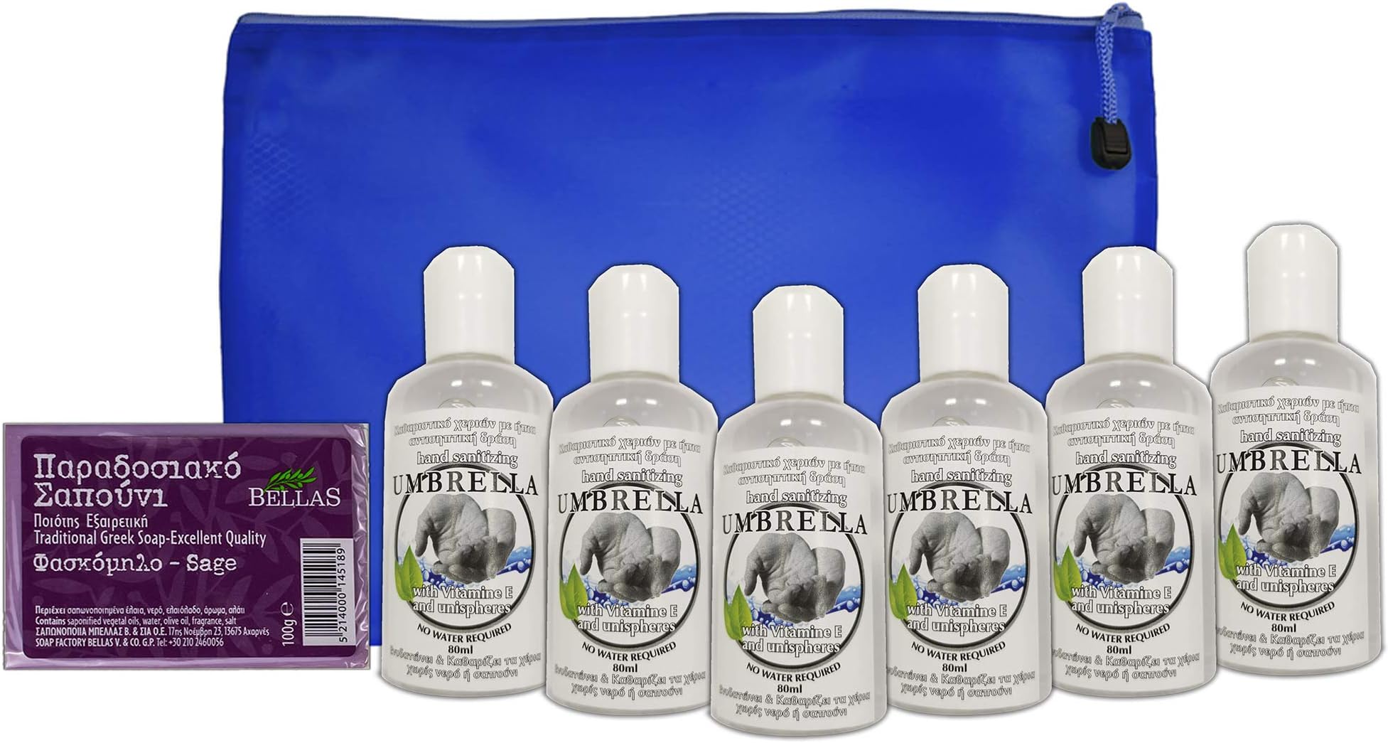 Hygiene Package Bundle of 8 Pieces :6 Bottles with SANITIZER Gel of 80ml with Antibacterial Action,1 SOAP of 100gr for General use, 1 Cosmetic Bag.