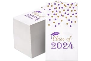 HUNANYUME 100 Pcs Class of 2024 Graduation Paper Napkins, 3-Ply Congrats Grad Disposable Hand Towels, Dinner Guest Napkins for School University College Graduation Party Decoration (Purple and Gold)