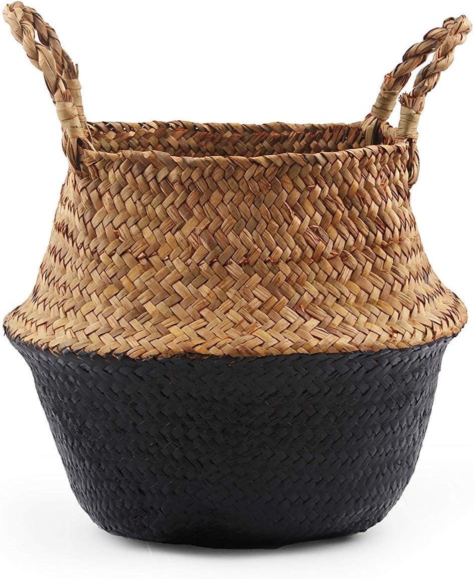 Fourwalls Woven Seagrass Belly Basket-Fiddle Leaf Home Decoration Plant Pot Cover Beige Natural/Black