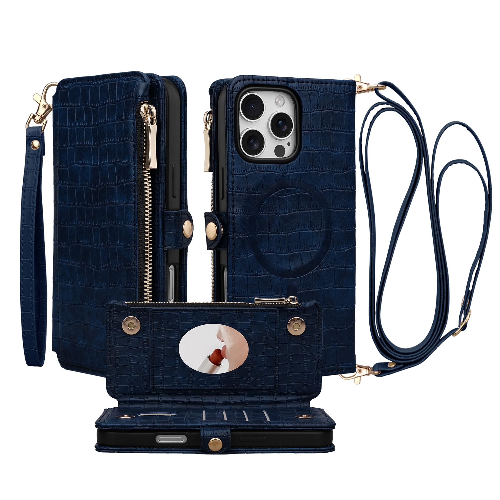 Stylivolve Crossbody Wallet Case for iPhone 16 Pro Max with Mirror, Wrist Strap, Zipper Purse Magnetic Flip RFID Blocking Card Holder, Wireless Charging, PU Leather Shockproof 6.9" Women (Navy Blue)