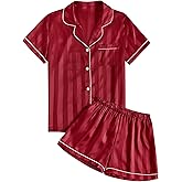 Umenlele Women's Silky Satin Striped Pajamas Short Sleeve Top with Shorts Sleepwear PJ Set
