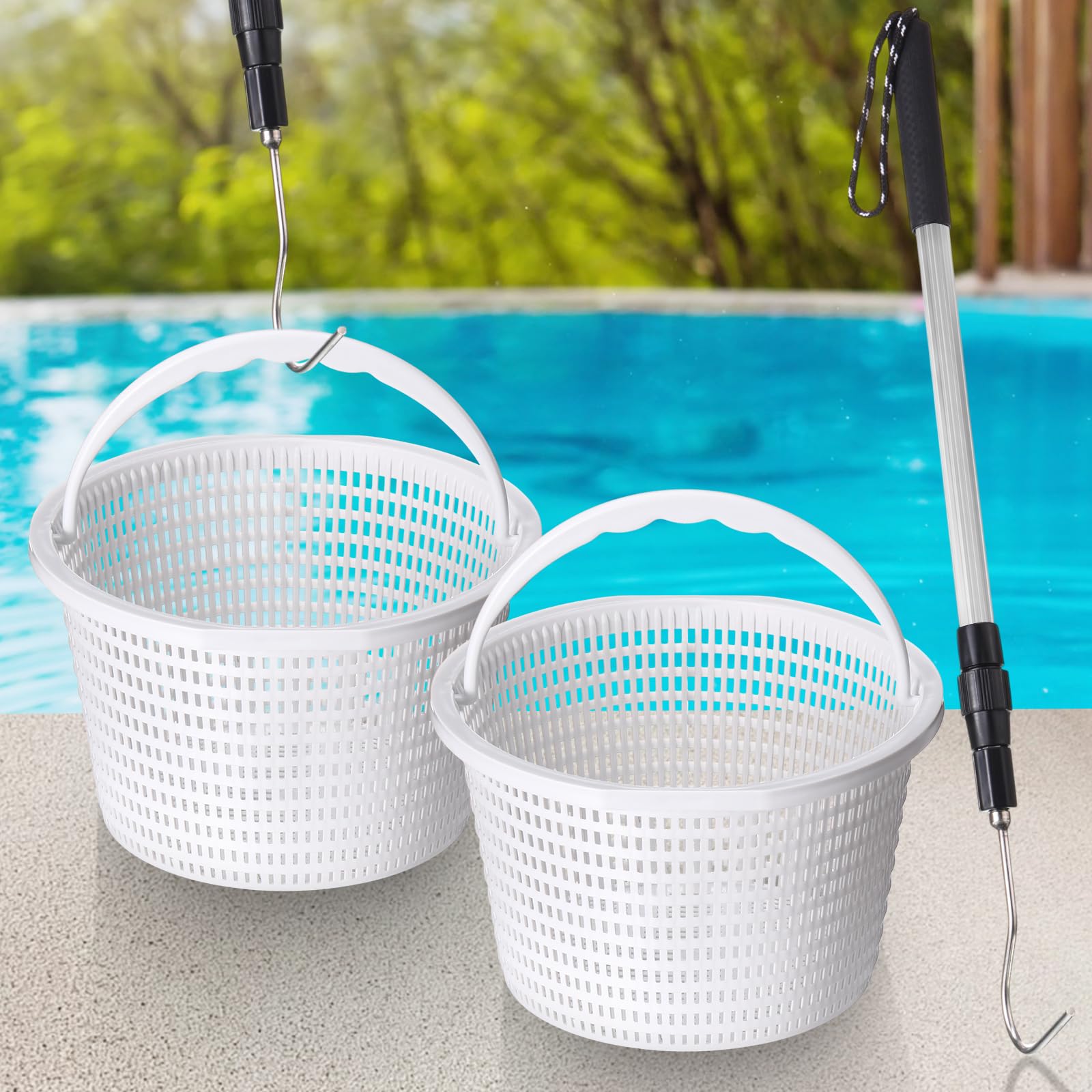 Photo 1 of Lasnten 3 Pcs Pool Skimmer Basket for Inground Pool Skimmer Hook Extendable Filter Basket Filter Lid Lifting Hook for Cleaning Accessory Keep Hands Clean(8 Inch)