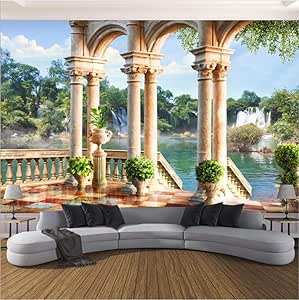 Paño De La Pared Espacio 3D Balcón Cascada Paisaje Columna Romana