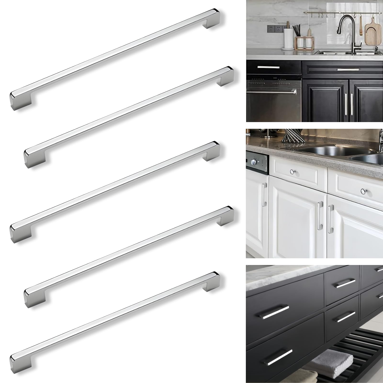 Boxonly 5 Pcs Door Handles, Bright Chrome American Style Zinc Alloy Drawer Cupboard Wardrobe Door Handle, Kitchen Hardware Cabinet Pulls (Hole Centers:320mm)