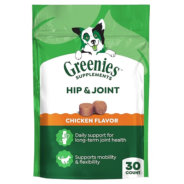 GREENIES SUPPLEMENTS HIP AND JOINT SUPPLEMENTS FOR DOGS, WITH CHONDROITIN & GLUCOSAMINE FOR DOGS, CHICKEN FLAVOR, 6.08 OZ. POUCH, 30 COUNT