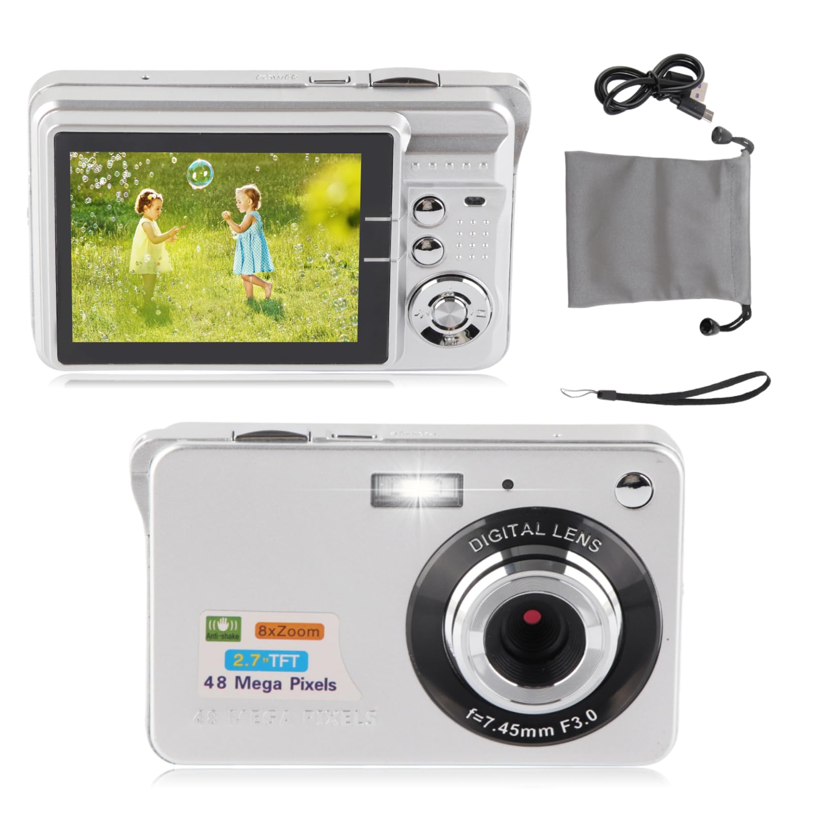 Digital Cameras for Photography, 4K 48MP Vlogging Camera, Pocket Camera with 2.7in LCD Display 8x Zoom, Anti Shake Continuous Shooting, for Adult Seniors Beginner (Silver)