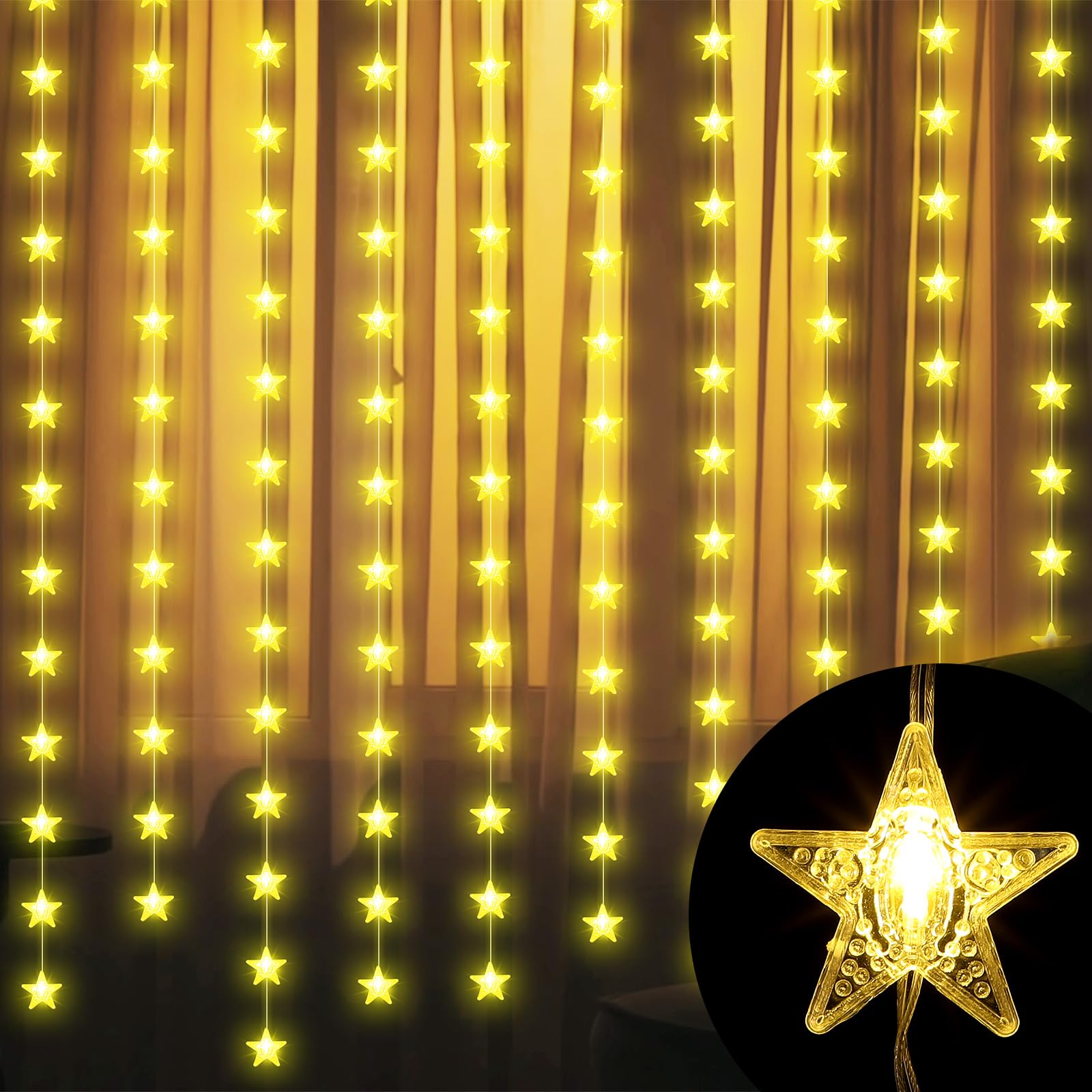 Photo 1 of Glooglitter 160 LED Star Curtain Lights 118'' x 78.7'' Star String Lights for Bedroom Fairy Twinkle Hanging Decoration Light Warm White USB Powered for Indoor Outdoor Projection Screen Nursery Decor