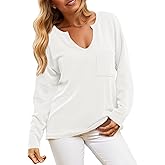 Cicy Bell Womens Tops Oversized Long Sleeve V Neck Shirts Casual Loose Fit Knit Tee Shirt with Pocket
