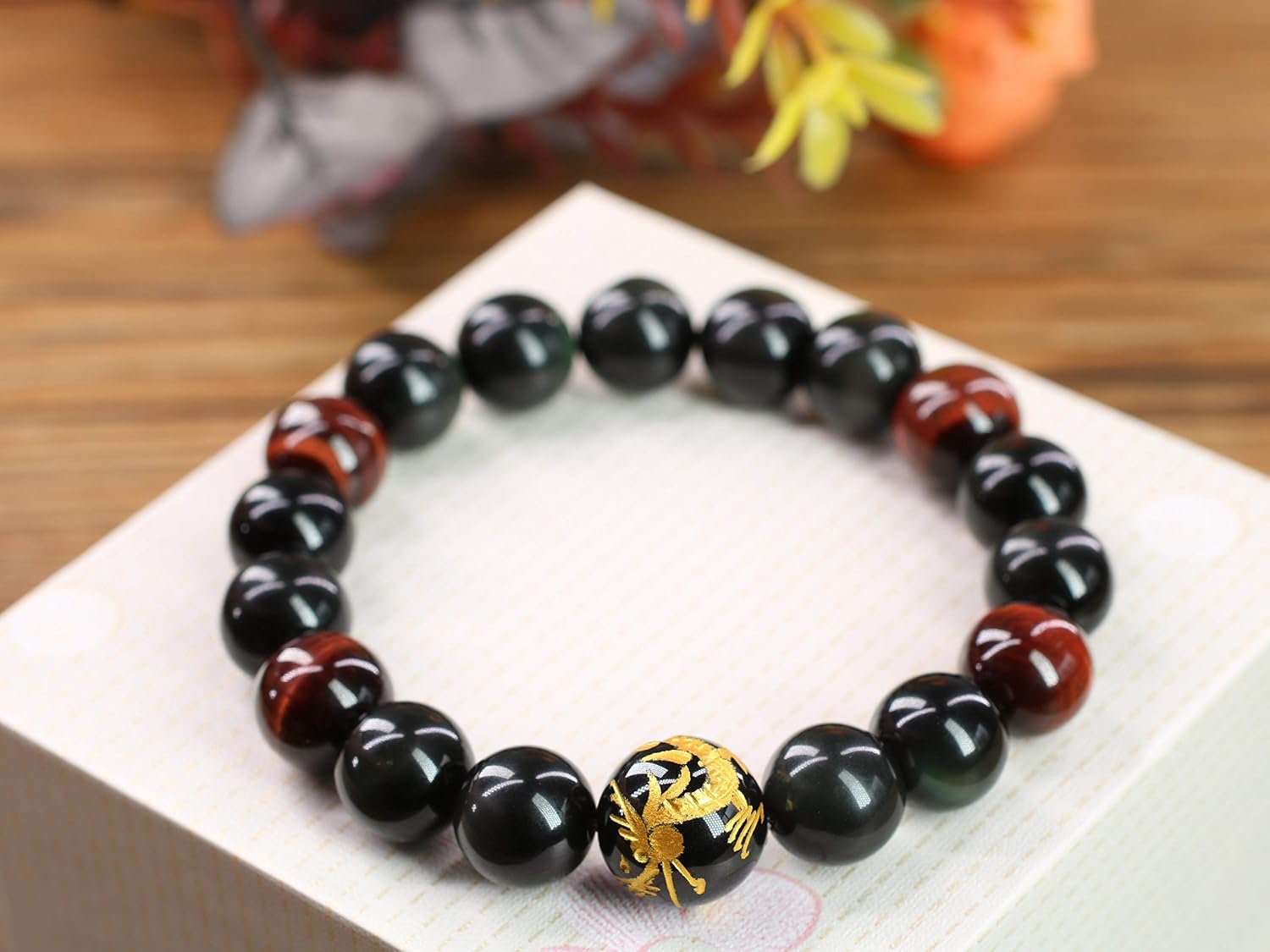 COAI Men's Dragon Bracelet Black Obsidian Red Tiger Eye Beaded Bracelet for Men 10mm, 6.25 inches - Image 3