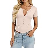 Rapbin Womens Short Sleeve Tops Casual Henley Shirts Basic V Neck Button Down T-Shirts Spring Outfits