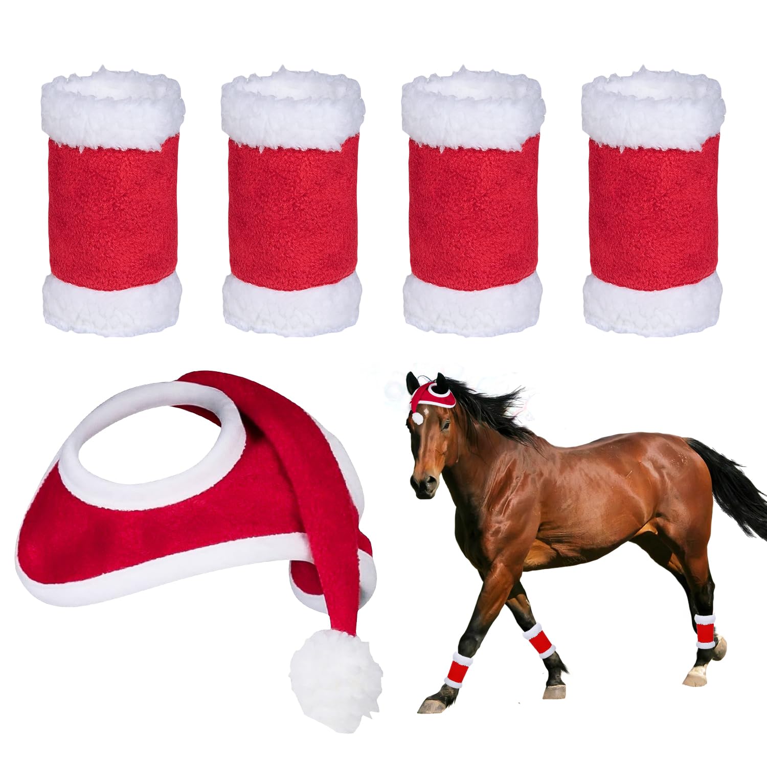 HIXNUG 5pcs Christmas Horse Accessory Santa Hat & 4pcs Christmas Horse Leg Wraps for Winter Xmas Holiday Party