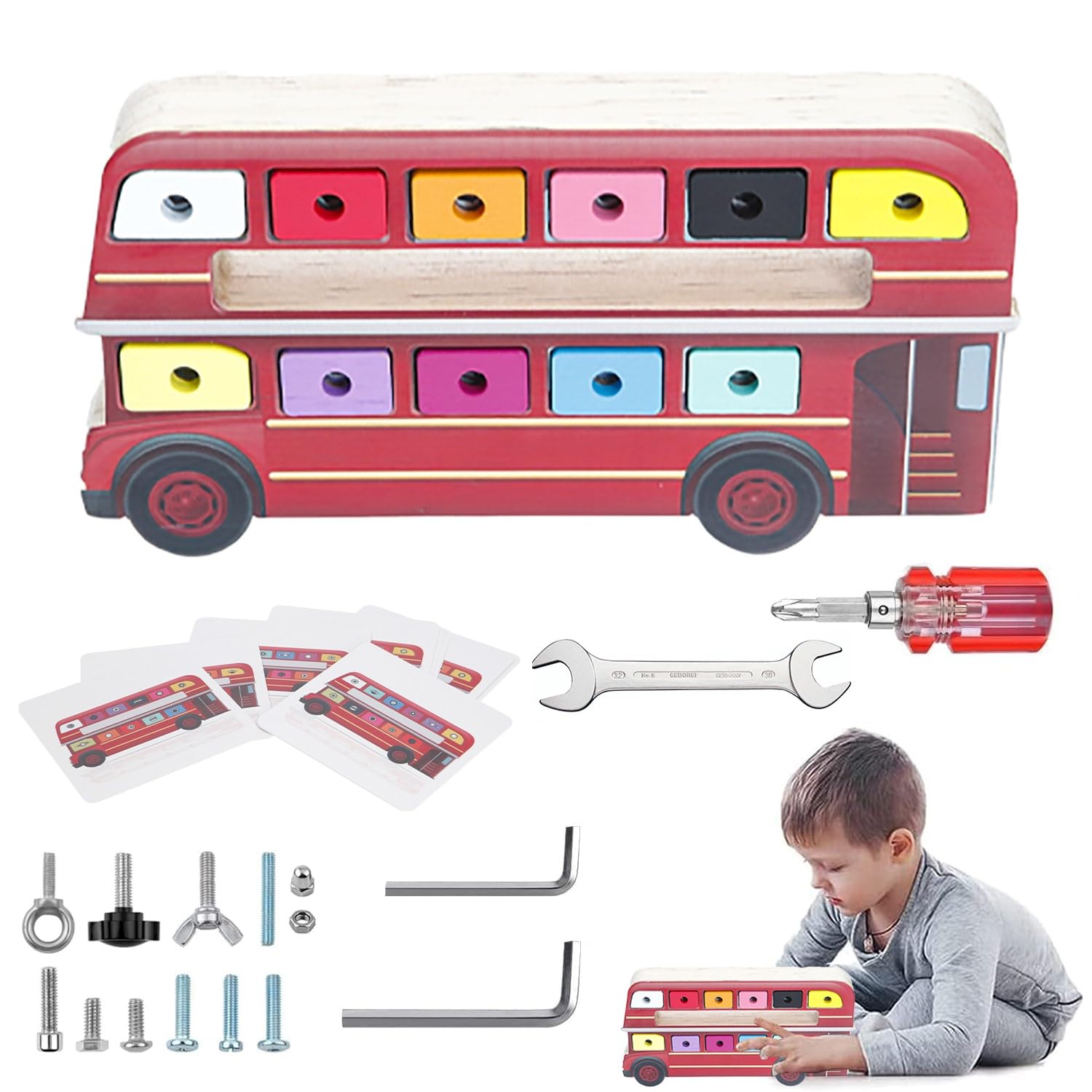 High Five Screwdriver Board, Interactive Educational Tool Toy for Kids 3+ years, Encourages Development, Problem-Solving, Fun Learning Experiences, with Matching Cards (Bus, 11-Point)