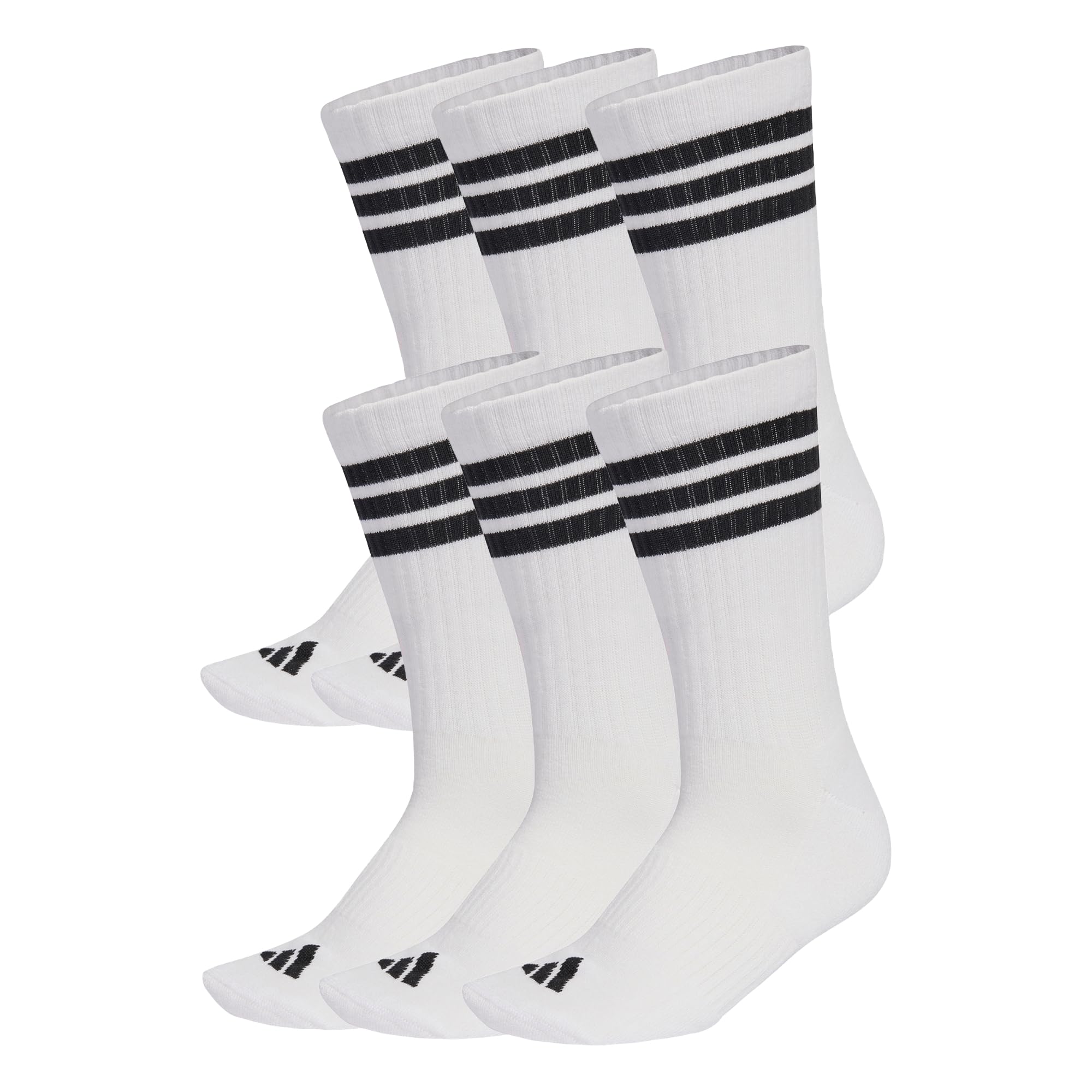 adidas Unisex 3 Stripes Essentials Cushioned Crew Socks 6 Pair Pack, white/black/black, 45-48