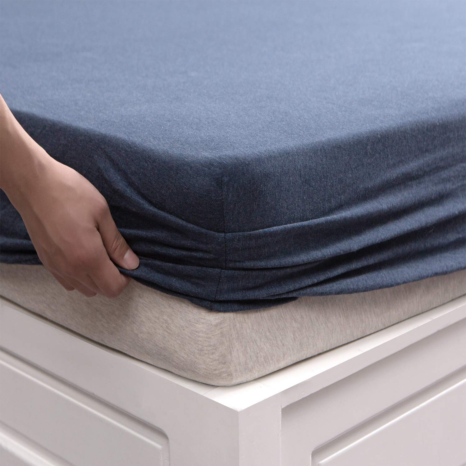 Photo 1 of PURE ERA Jersey Knit Cotton Fitted Bottom Sheet ONLY (No Flat Sheet or Shams) Deep Pocket Up to 15" to 20" Ultra Soft Comfy Breathable Heathered Navy Blue Queen