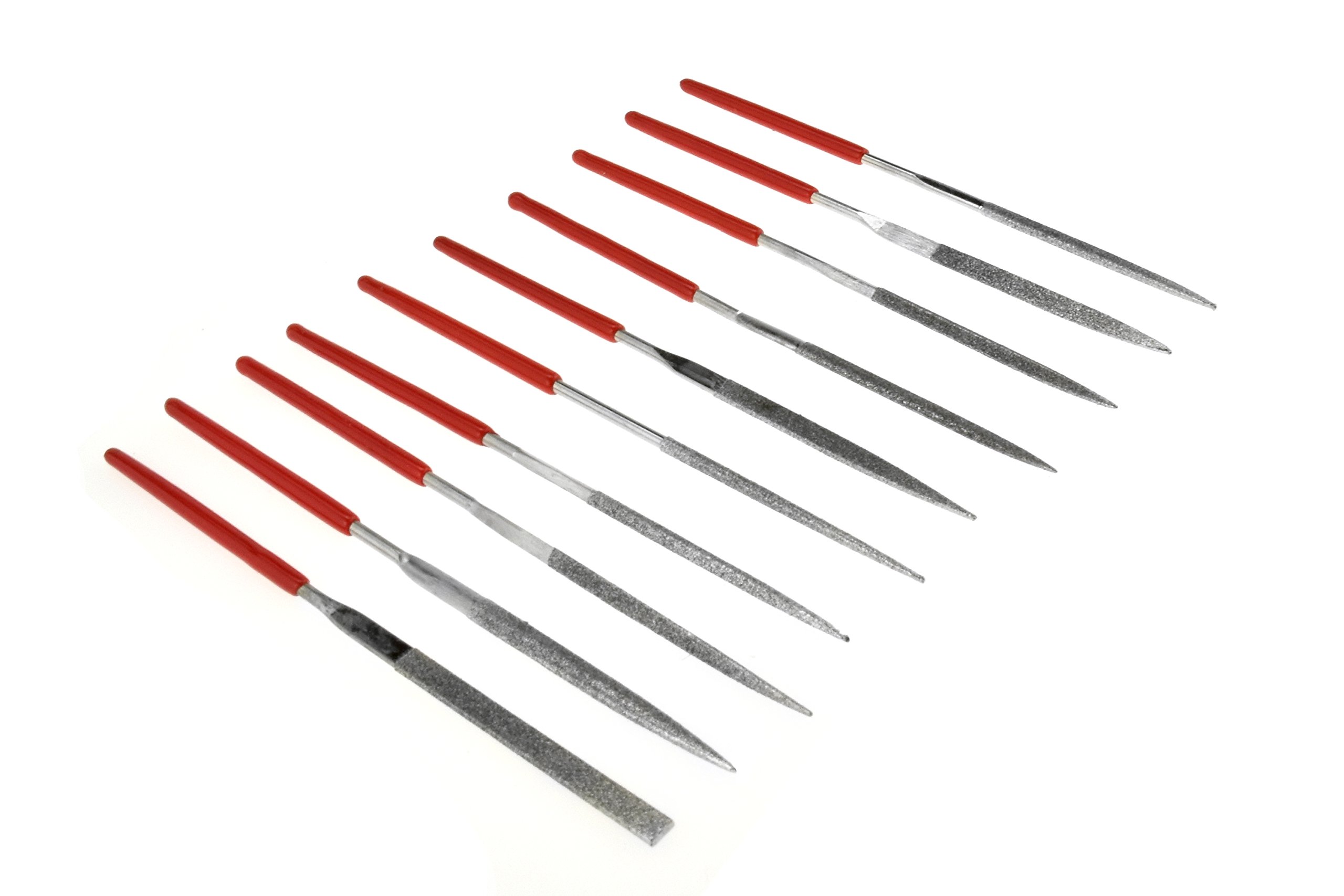 SE 73810DF 10-Piece Mini Diamond Needle File Set, 150 Grit - Assorted Shapes, 3-1/4" Length - Ideal for Jewelers, Wood, Stone, Glass, Gemstones