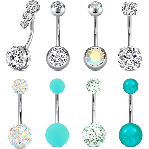 thumbnail image 2 of 4-Pack Double CZ Gem Navel Belly Button Rings - 14g Surgical Steel Curved Bars 2 of 4