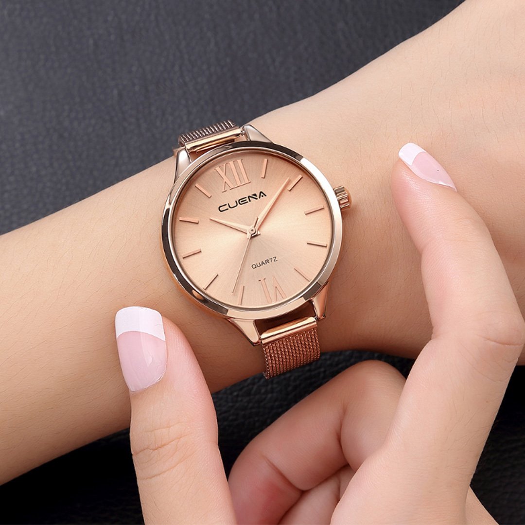 CUENA Women Classic Quartz Watch, Roman Numeral Business Casual Wrist Watch Waterproof 30M, with 33mm Dial Face Three-hand Movement Slim Mesh Band (Rose Gold)