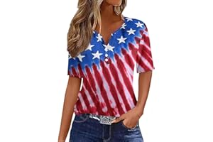 SERYU 4Th of July Shirts Women 2024 Short Sleeve Button V Neck Tops USA Flag Stars Stripes Graphic T-Shirt Blouses Tunics