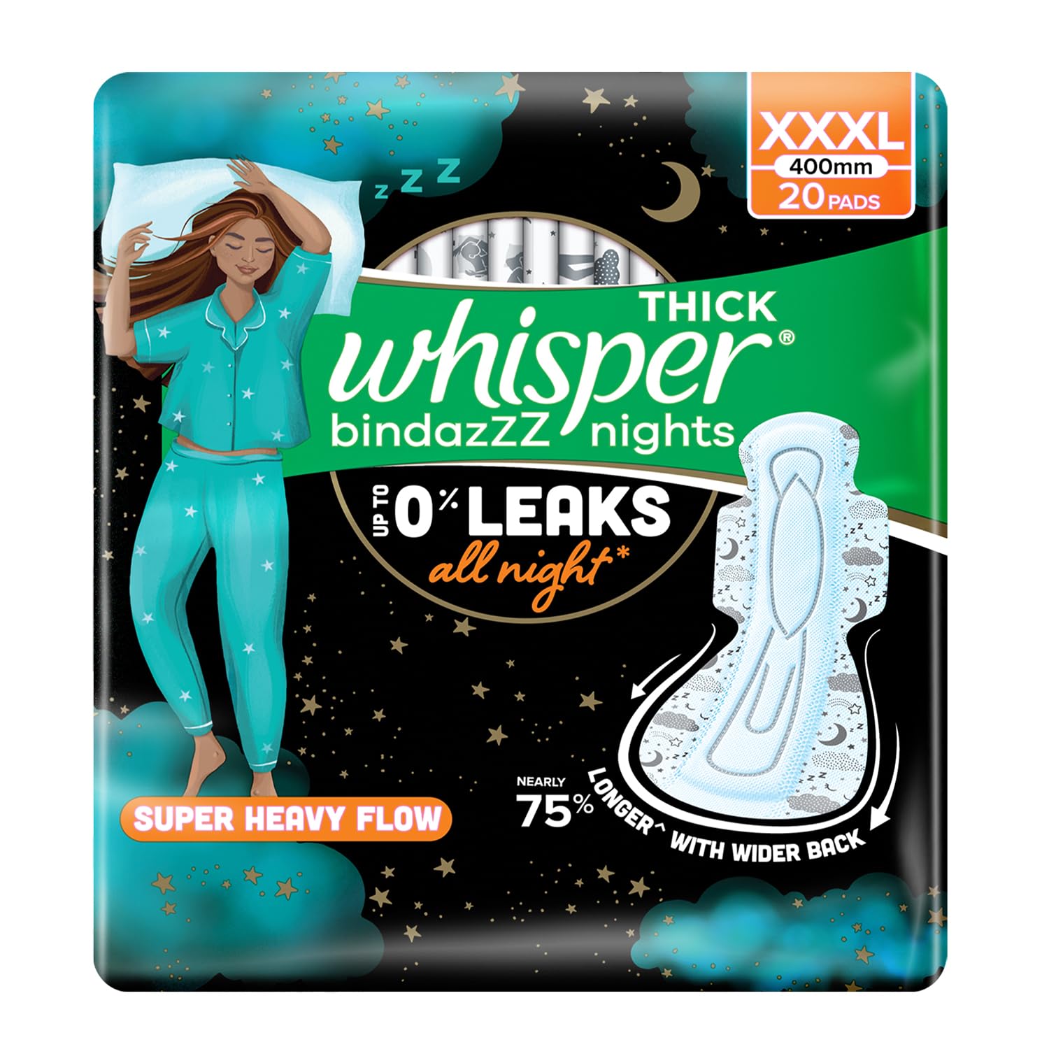Whisper Ultra Night Sanitary Pads for Women, XXXL 20 Napkins