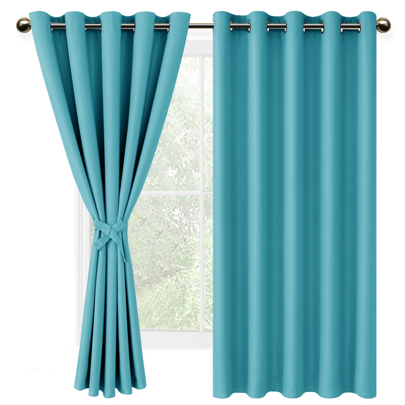 DWCN Turquoise Blackout Curtains with Tiebacks for Bedroom Thermal Insulated Solid Eyelet Curtains for Living Room,2 Panels,66" Wide x 54" Drop — image 1