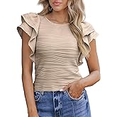 SHEWIN Womens Tops Casual Crewneck Ruffle Short Sleeve T Shirts Slim Fit Dressy Blouses