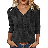 JomeDesign Sweaters for Women 3/4 Sleeve Tops V Neck Loose Casual Tunic Blouses